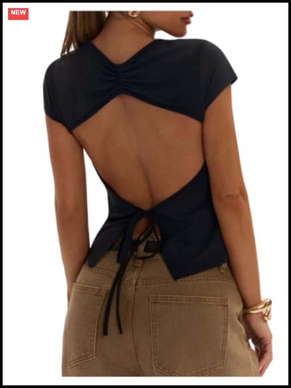 Women's Backless Crop Top Cap Sleeve T Shirt Slim Fit Going Out Summer